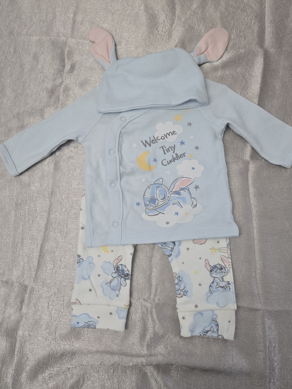 Disney Stitch Newborn 3pc Blue Hooded Long Sleeve Knit Pants Set Stars